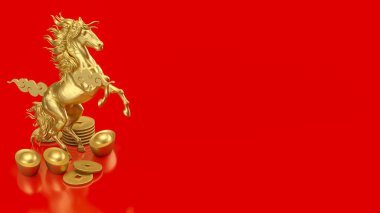 Eski altın külçeler ve altın sikkelerle çevrili heybetli altın bir at canlı kırmızı bir zemin üzerinde, refahı, gücü, serveti ve Yeni Yıl temasını sembolize eder..
