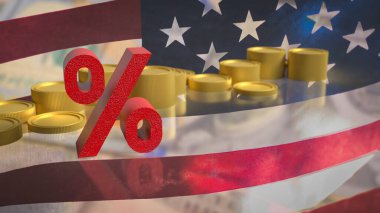 Amerika üzerinde cesur bir yüzde kırmızı sembol. Bayrak ve altın sikkeler, faiz oranlarını, ekonomi politikasını, enflasyonu ve Amerikan ekonomisinde mali piyasa tepkilerini temsil eden paralar.