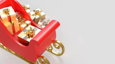 Parlak altın hediyelerle dolu kırmızı bir Noel kızağı, bayram neşesini, kutlamaları, kış büyüsünü ve mevsimlik hediyeleri simgeliyor..