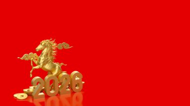 Altın sikkeler ve külçelerle çevrili, büyük 2026 rakamlı altın bir at, kırmızı bir zemin üzerinde, şans, güç ve Ay 'ın yeni yıl refahını simgeliyor..