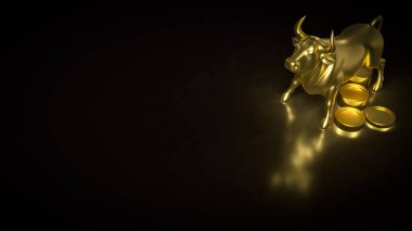 İstiflenmiş altın sikkelerin yanında duran parlak altın bir boğa, mali gücü, yatırım büyümesini, refahı ve finans ve ekonomideki zor pazar eğilimlerini temsil ediyor..