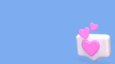 Mavi arkaplandaki bir konuşma balonunda ortaya çıkan 3 boyutlu pembe kalp simgeleri, aşk mesajlarını, sosyal medya beğeni, online randevu, duygusal bağlantı ve dijital iletişimi simgeliyor.