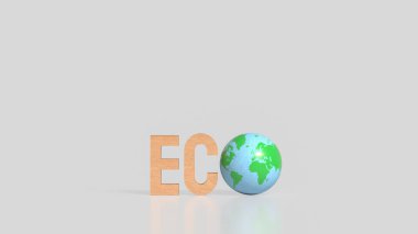 Ahşap harfler ve yeşil Dünya küresinin yer aldığı çevre kavramı, sürdürülebilirliği, çevresel sorumluluğu ve kopya alanı ile temiz minimum arkaplan üzerindeki iklim bilincini sembolize etmektedir..