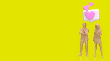 Minyatür erkek ve kadın figürleri parlak arka planda süzülen kalp mesajı simgelerinin altında duruyor, modern ilişkileri, aşk iletişimini, flört etmeyi, duyguları ve sosyal medya etkileşimini temsil ediyorlar..