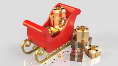 Parlak altın hediyelerle dolu kırmızı bir Noel kızağı, bayram neşesini, kutlamaları, kış büyüsünü ve mevsimlik hediyeleri simgeliyor..