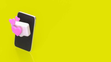 Parlak arkaplanda süzülen kalp mesajı simgelerine sahip üç boyutlu akıllı telefon, çevrimiçi randevu, aşk bildirimleri, sosyal medya bağlantıları, dijital romantizm ve modern mobil iletişimi temsil ediyor.