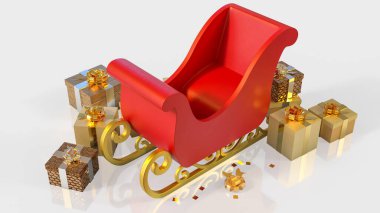 Altın hediye kutularıyla çevrili parlak kırmızı Noel kızağı, bayram neşesini, kutlamaları, kış şenliğini ve mevsimsel dekorasyonu simgeliyor..