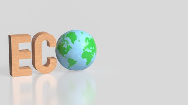 Ahşap harfler ve yeşil Dünya küresinin yer aldığı çevre kavramı, sürdürülebilirliği, çevresel sorumluluğu ve kopya alanı ile temiz minimum arkaplan üzerindeki iklim bilincini sembolize etmektedir..