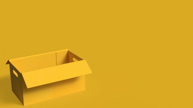 Eşleşen arka plan üzerindeki boş bir sarı kutunun asgari 3D çizimi, ambalaj, dağıtım, depolama, lojistik, ürün sunumu ve temiz kopya alanı olan iş konseptini temsil eder