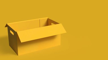 Eşleşen arka plan üzerindeki boş bir sarı kutunun asgari 3D çizimi, ambalaj, dağıtım, depolama, lojistik, ürün sunumu ve temiz kopya alanı olan iş konseptini temsil eder