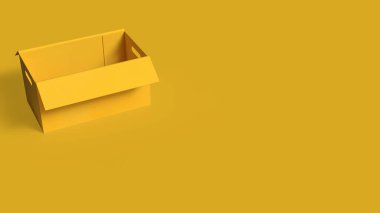 Eşleşen arka plan üzerindeki boş bir sarı kutunun asgari 3D çizimi, ambalaj, dağıtım, depolama, lojistik, ürün sunumu ve temiz kopya alanı olan iş konseptini temsil eder