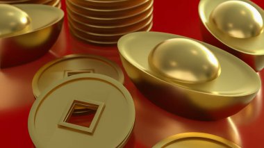 Zenginliği, refahı, serveti ve finansal başarıyı sembolize eden altın Çin külçeleri ve sikkelerinin zarif 3D yorumlanması, canlı kırmızı bir arkaplana karşı hazırlanmıştır..