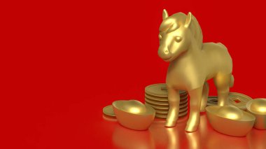 Çin altın külçeleri ve sikkelerle çevrili altın bir atın lüks 3D çizimi, kırmızı arka planda zenginliği, gücü, başarıyı ve refahı sembolize ediyor..