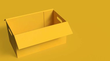 Eşleşen arka plan üzerindeki boş bir sarı kutunun asgari 3D çizimi, ambalaj, dağıtım, depolama, lojistik, ürün sunumu ve temiz kopya alanı olan iş konseptini temsil eder