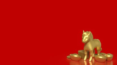 Çin altın külçeleri ve sikkelerle çevrili altın bir atın lüks 3D çizimi, kırmızı arka planda zenginliği, gücü, başarıyı ve refahı sembolize ediyor..