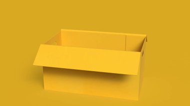 Eşleşen arka plan üzerindeki boş bir sarı kutunun asgari 3D çizimi, ambalaj, dağıtım, depolama, lojistik, ürün sunumu ve temiz kopya alanı olan iş konseptini temsil eder
