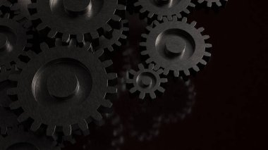Koyu metal dişlilerin 3 boyutlu çizimi, endüstriyel mühendisliği, mekanik sistemleri, otomasyon teknolojisini, takım çalışmasını ve etkileyici modern arka plana sahip verimli endüstriyel süreçleri sembolize eder.