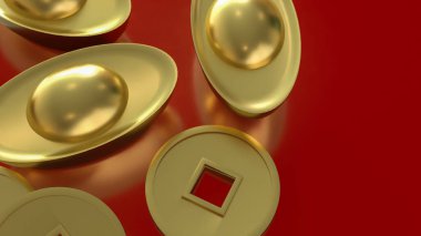 Zenginliği, refahı, serveti ve finansal başarıyı sembolize eden altın Çin külçeleri ve sikkelerinin zarif 3D yorumlanması, canlı kırmızı bir arkaplana karşı hazırlanmıştır..