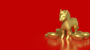 Çin altın külçeleri ve sikkelerle çevrili altın bir atın lüks 3D çizimi, kırmızı arka planda zenginliği, gücü, başarıyı ve refahı sembolize ediyor..