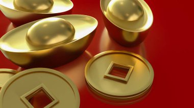 Zenginliği, refahı, serveti ve finansal başarıyı sembolize eden altın Çin külçeleri ve sikkelerinin zarif 3D yorumlanması, canlı kırmızı bir arkaplana karşı hazırlanmıştır..