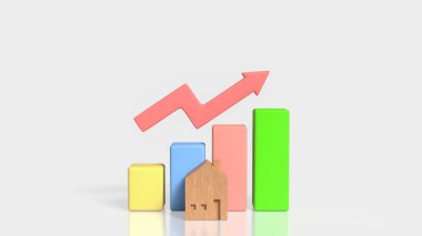 Renkli bar tablosu ve yükselen oka sahip bir ev modelinin 3D çizimi, emlak piyasası büyümesini, emlak yatırımını, artan ev değerlerini ve pozitif konut eğilimlerini temsil ediyor