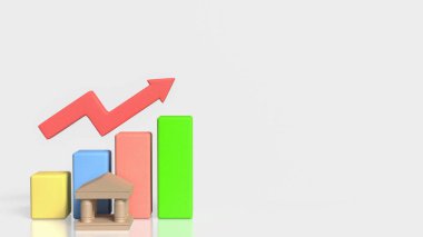 Artan bir ok ve banka simgesiyle yükselen bir finans bar tablosunun 3D çizimi, ekonomik büyüme, yatırım performansı, iş başarısı ve olumlu mali eğilimleri simgeliyor.