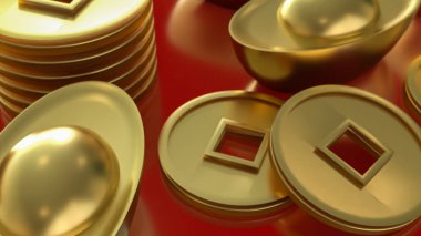 Zenginliği, refahı, serveti ve finansal başarıyı sembolize eden altın Çin külçeleri ve sikkelerinin zarif 3D yorumlanması, canlı kırmızı bir arkaplana karşı hazırlanmıştır..