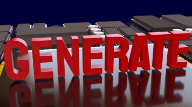 Kırmızı, üretken yapay zeka, veri işleme, gelişmiş bilgisayar ve yeni nesil dijital yeniliği temsil eden bir bilgisayar çipi arka planında metin oluşturur.