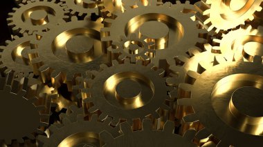 Sanayi mühendisliği, otomasyon, hassasiyet teknolojisi, takım çalışması ve verimli iş süreçlerini simgeleyen, hareket halindeki üç boyutlu mekanik dişlilerin karanlık bir arkaplan üzerindeki üç boyutlu illüstrasyonunu kapat