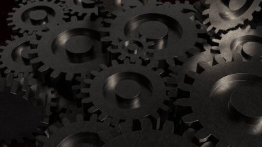 Koyu metal dişlilerin 3 boyutlu çizimi, endüstriyel mühendisliği, mekanik sistemleri, otomasyon teknolojisini, takım çalışmasını ve etkileyici modern arka plana sahip verimli endüstriyel süreçleri sembolize eder.
