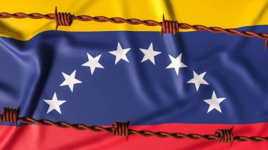 Venezuela ulusal bayrağının üzerindeki dikenli teller siyasi krizi, ekonomik yaptırımları, kısıtlı özgürlüğü, uluslararası baskıyı ve ülkeyi etkileyen devam eden jeopolitik gerilimi simgeliyor..