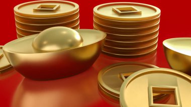 Zenginliği, refahı, serveti ve finansal başarıyı sembolize eden altın Çin külçeleri ve sikkelerinin zarif 3D yorumlanması, canlı kırmızı bir arkaplana karşı hazırlanmıştır..