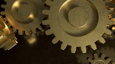 Sanayi mühendisliği, otomasyon, hassasiyet teknolojisi, takım çalışması ve verimli iş süreçlerini simgeleyen, hareket halindeki üç boyutlu mekanik dişlilerin karanlık bir arkaplan üzerindeki üç boyutlu illüstrasyonunu kapat