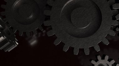 Koyu metal dişlilerin 3 boyutlu çizimi, endüstriyel mühendisliği, mekanik sistemleri, otomasyon teknolojisini, takım çalışmasını ve etkileyici modern arka plana sahip verimli endüstriyel süreçleri sembolize eder.
