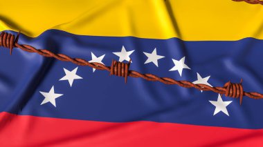 Venezuela ulusal bayrağının üzerindeki dikenli teller siyasi krizi, ekonomik yaptırımları, kısıtlı özgürlüğü, uluslararası baskıyı ve ülkeyi etkileyen devam eden jeopolitik gerilimi simgeliyor..
