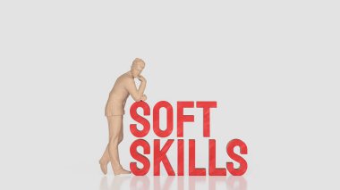 Düşünen iş adamı yumuşak becerilere dayanır iletişim, liderlik, duygusal zeka, kişisel gelişim ve kariyer gelişimi için gerekli işyeri becerilerini simgeleyen metinler yazar..