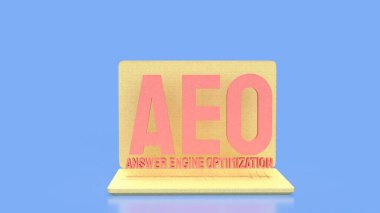 Bir dizüstü bilgisayarda gösterilen Yanıt Motoru Optimizasyonu 'nun 3 boyutlu çizimi, yapay zeka destekli arama, semantik cevaplar ve modern teknoloji ortamında gelecek odaklı dijital pazarlama stratejilerini temsil etmektedir..
