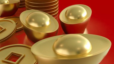 Zenginliği, refahı, serveti ve finansal başarıyı sembolize eden altın Çin külçeleri ve sikkelerinin zarif 3D yorumlanması, canlı kırmızı bir arkaplana karşı hazırlanmıştır..