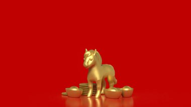Çin altın külçeleri ve sikkelerle çevrili altın bir atın lüks 3D çizimi, kırmızı arka planda zenginliği, gücü, başarıyı ve refahı sembolize ediyor..