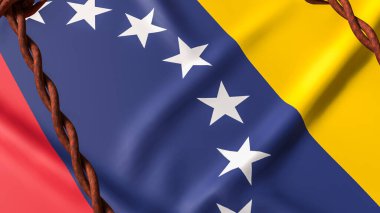 Venezuela ulusal bayrağının üzerindeki dikenli teller siyasi krizi, ekonomik yaptırımları, kısıtlı özgürlüğü, uluslararası baskıyı ve ülkeyi etkileyen devam eden jeopolitik gerilimi simgeliyor..