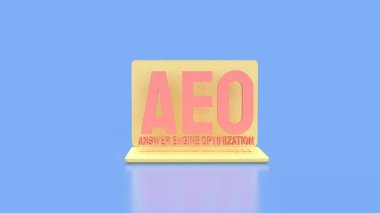 Bir dizüstü bilgisayarda gösterilen Yanıt Motoru Optimizasyonu 'nun 3 boyutlu çizimi, yapay zeka destekli arama, semantik cevaplar ve modern teknoloji ortamında gelecek odaklı dijital pazarlama stratejilerini temsil etmektedir..