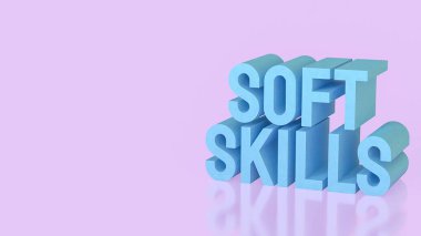 Pastel arka plan üzerine üç boyutlu yumuşak beceri tipografisi iletişimi, takım çalışmasını, liderliği, duygusal zekayı ve modern iş yeri başarısı için gerekli profesyonel becerileri temsil eder.