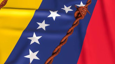 Venezuela ulusal bayrağının üzerindeki dikenli teller siyasi krizi, ekonomik yaptırımları, kısıtlı özgürlüğü, uluslararası baskıyı ve ülkeyi etkileyen devam eden jeopolitik gerilimi simgeliyor..