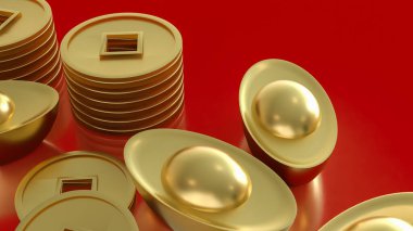 Zenginliği, refahı, serveti ve finansal başarıyı sembolize eden altın Çin külçeleri ve sikkelerinin zarif 3D yorumlanması, canlı kırmızı bir arkaplana karşı hazırlanmıştır..