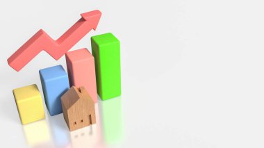 Renkli bar tablosu ve yükselen oka sahip bir ev modelinin 3D çizimi, emlak piyasası büyümesini, emlak yatırımını, artan ev değerlerini ve pozitif konut eğilimlerini temsil ediyor