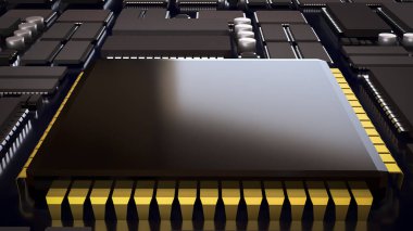 Gelişmiş mikroçip teknolojisini, elektronik mühendisliğini, yarı iletken tasarımını ve modern yüksek performanslı bilgisayar sistemlerini temsil eden bir ana karttaki entegre devrelerin görüntüsünü kapat..