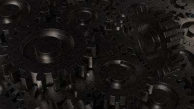 Koyu metal dişlilerin 3 boyutlu çizimi, endüstriyel mühendisliği, mekanik sistemleri, otomasyon teknolojisini, takım çalışmasını ve etkileyici modern arka plana sahip verimli endüstriyel süreçleri sembolize eder.