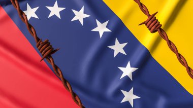 Venezuela ulusal bayrağının üzerindeki dikenli teller siyasi krizi, ekonomik yaptırımları, kısıtlı özgürlüğü, uluslararası baskıyı ve ülkeyi etkileyen devam eden jeopolitik gerilimi simgeliyor..