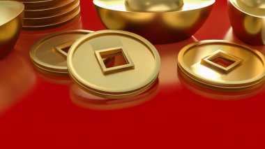 Zenginliği, refahı, serveti ve finansal başarıyı sembolize eden altın Çin külçeleri ve sikkelerinin zarif 3D yorumlanması, canlı kırmızı bir arkaplana karşı hazırlanmıştır..