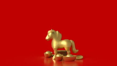 Çin altın külçeleri ve sikkelerle çevrili altın bir atın lüks 3D çizimi, kırmızı arka planda zenginliği, gücü, başarıyı ve refahı sembolize ediyor..